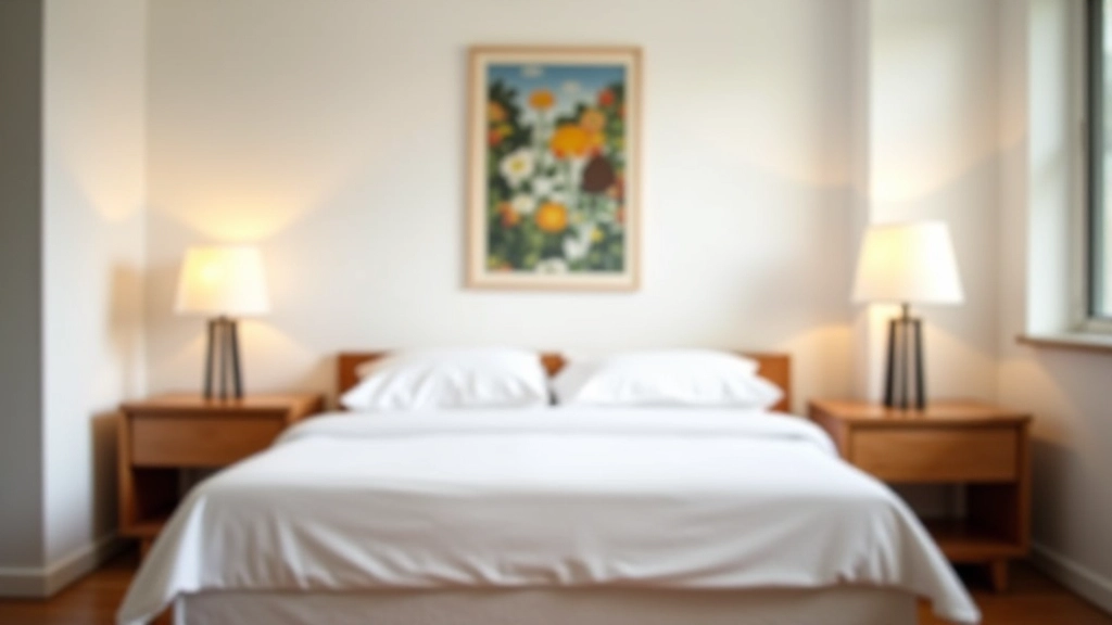 Dormitorio de departamento con cama matrimonial, ropa de cama blanca, y dos lámparas de noche de madera