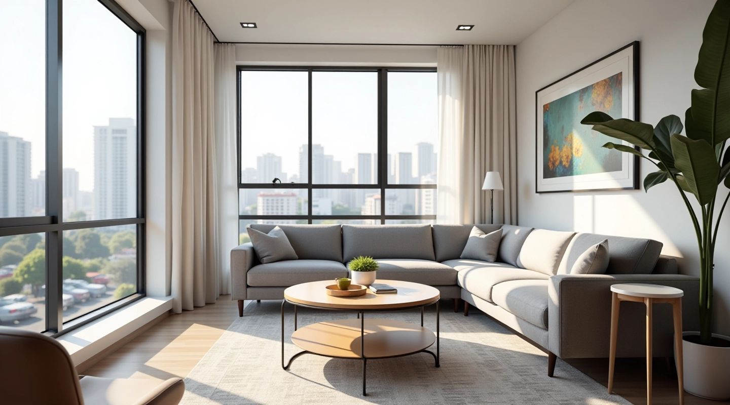 Sala moderna de departamento amoblado con sofá gris, mesa de centro y ventanas grandes con vista a la ciudad
