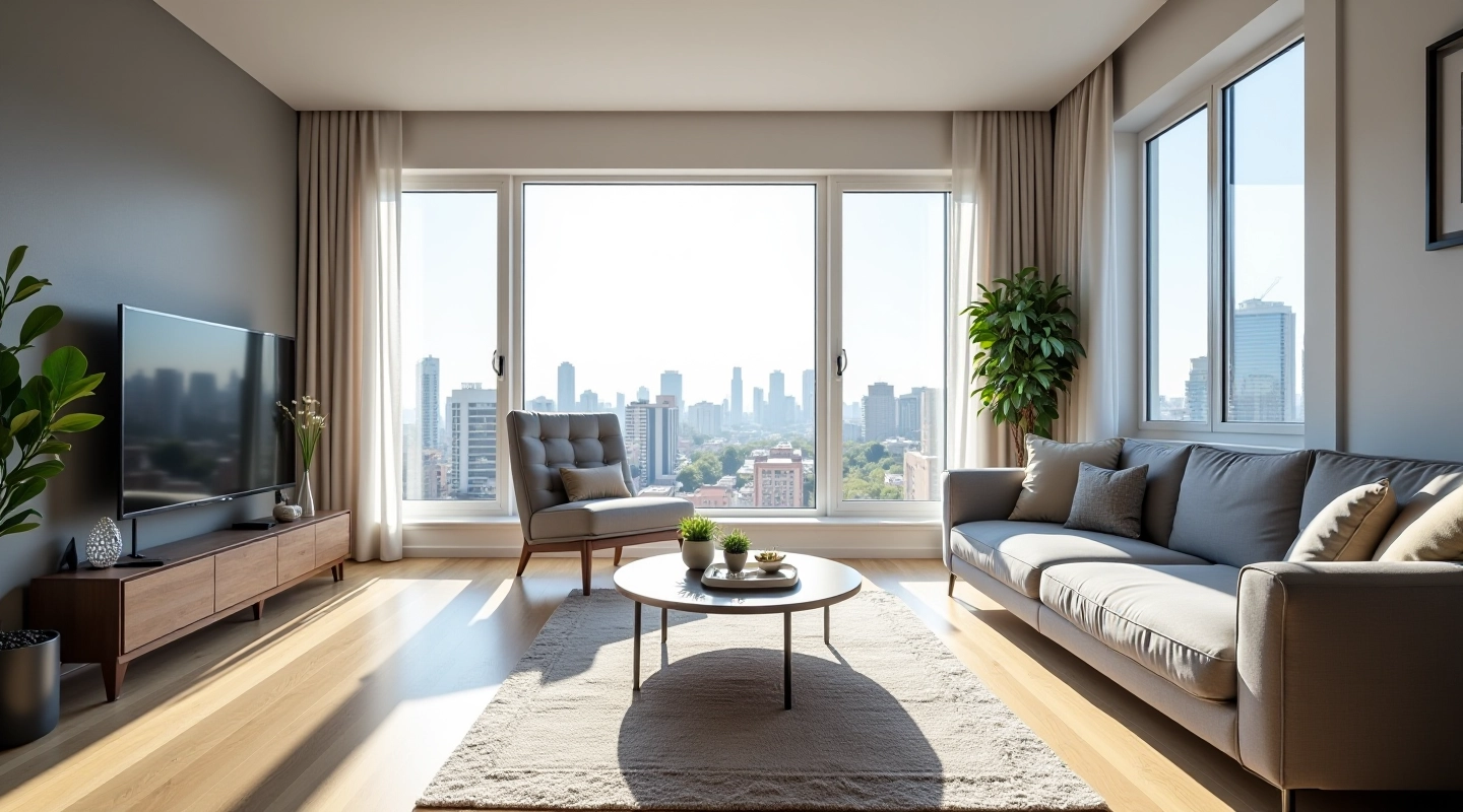 Departamento moderno amoblado con sala amplia, sofá gris y ventanas grandes en Miraflores Lima