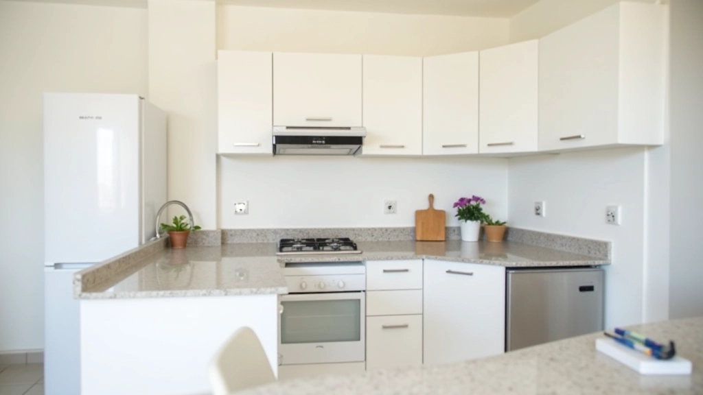 Cocina pequeña de departamento amoblado con estufa, refrigerador y alacenas blancas, mostrador de granito